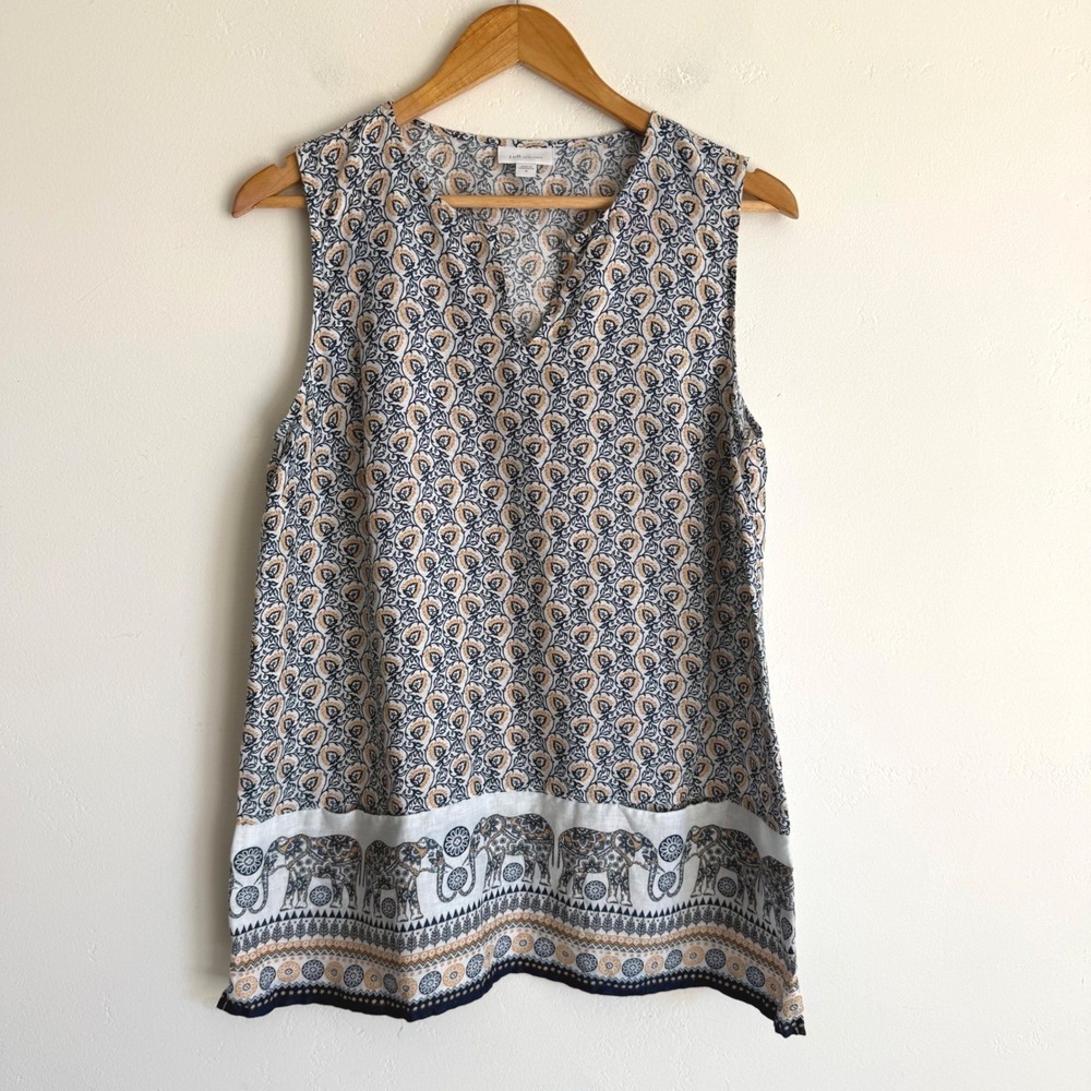 J. Jill Love Linen Top Sleeveless Blue White 100% Linen Elephant Print Coastal M
